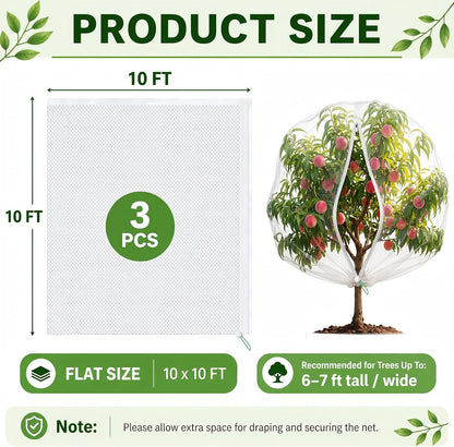 3 Pack 8x8 ft Large Fruit Tree Netting Covers with Zipper & Drawstring