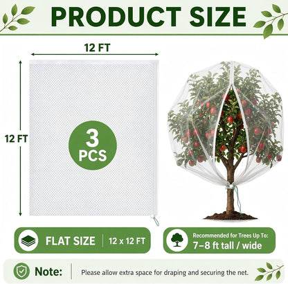 3 Pack 8x8 ft Large Fruit Tree Netting Covers with Zipper & Drawstring