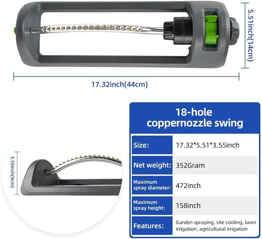 Lawn Sprinkler, Oscillating Sprinkler with 18 Hole Brass Nozzles, Watering for Lawn & Garden Covers up to 3,600 sq.ft, Easy Adjust Range Control