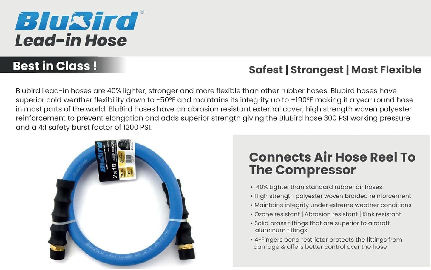 BBLD3803 3/8" x 3' Rubber Air Leader Hose, 100% Rubber, Lightest, Strongest, Most Flexible, 300 PSI, 50F to 190F Degrees, Ozone Resistant, High Strength Polyester Braided