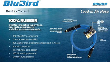BBLD3803 3/8" x 3' Rubber Air Leader Hose, 100% Rubber, Lightest, Strongest, Most Flexible, 300 PSI, 50F to 190F Degrees, Ozone Resistant, High Strength Polyester Braided