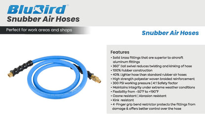 BBLD3803 3/8" x 3' Rubber Air Leader Hose, 100% Rubber, Lightest, Strongest, Most Flexible, 300 PSI, 50F to 190F Degrees, Ozone Resistant, High Strength Polyester Braided