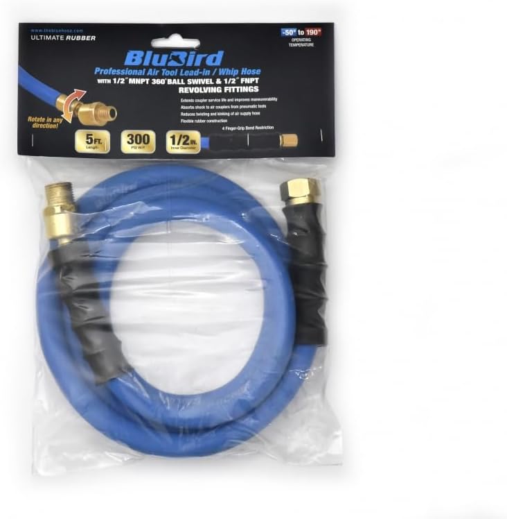BBLD3803 3/8" x 3' Rubber Air Leader Hose, 100% Rubber, Lightest, Strongest, Most Flexible, 300 PSI, 50F to 190F Degrees, Ozone Resistant, High Strength Polyester Braided