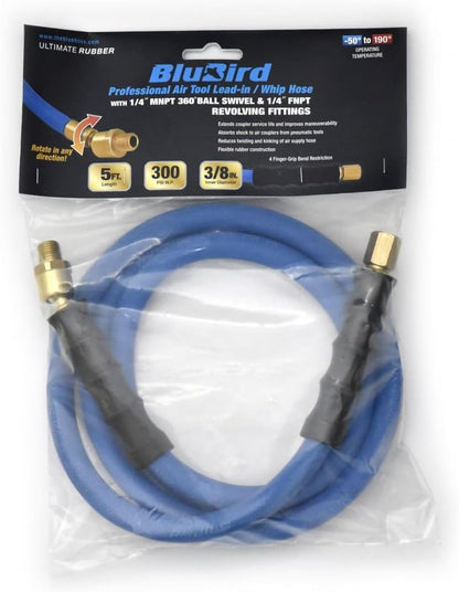 BBLD3803 3/8" x 3' Rubber Air Leader Hose, 100% Rubber, Lightest, Strongest, Most Flexible, 300 PSI, 50F to 190F Degrees, Ozone Resistant, High Strength Polyester Braided