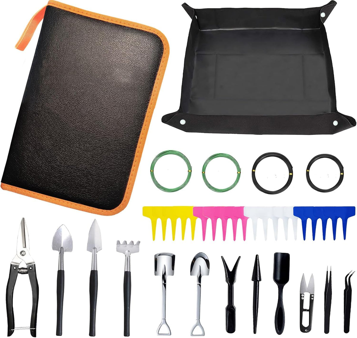 Bonsai Tools Set, 38Pcs Gardening Trimming Tools Kit Indoor Succulent Tool with 4 Tree Training Wire, Plant Repotting Mat, Bonsai Scissors in Leather Bag