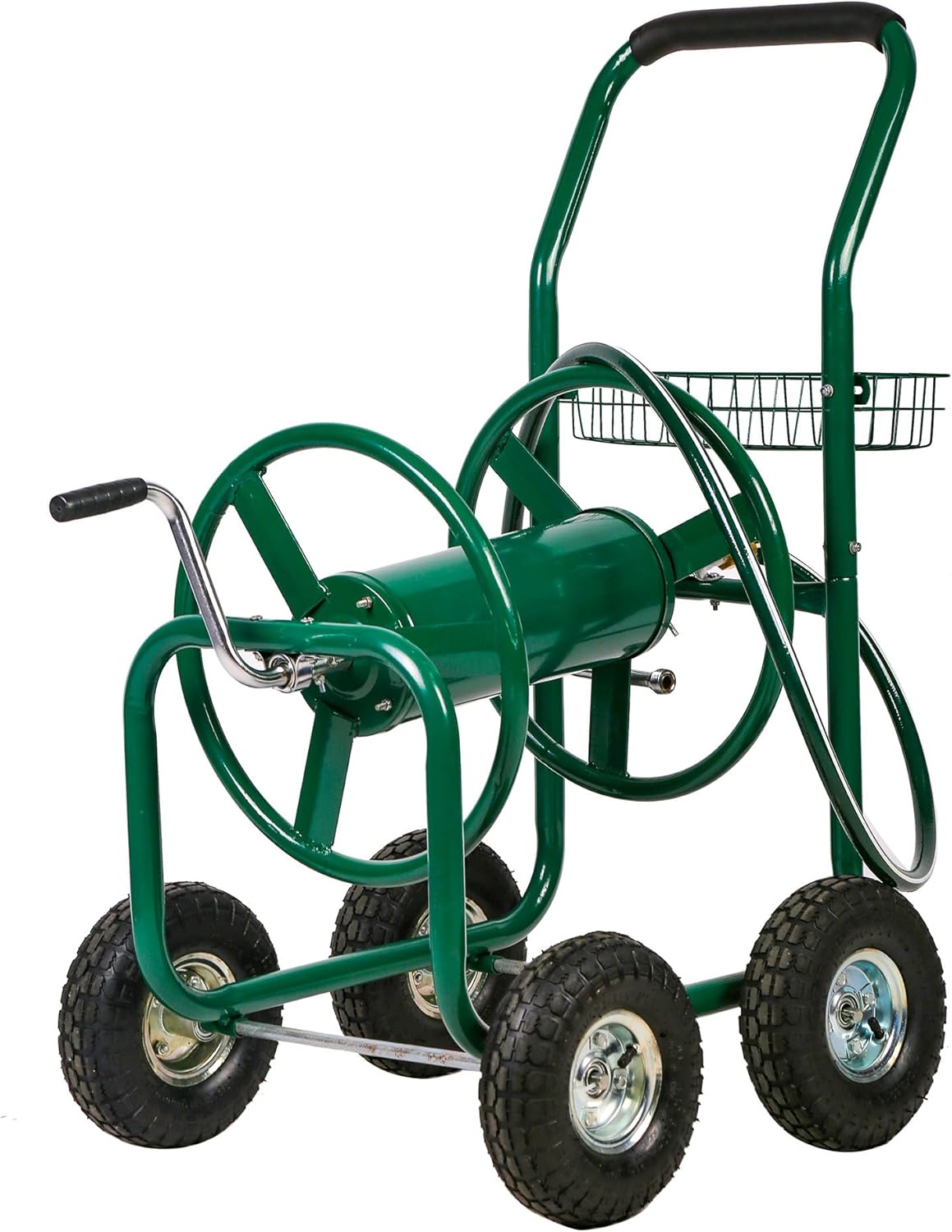 Garden Hose Reel Cart, Water Hose Cart with 4 Wheels, Hold Up to 300 ft of 5/8’’ Hose，Heavy Duty Powder-Coated Steel Planting with Storage Basket, for Garden, Yard and Lawn