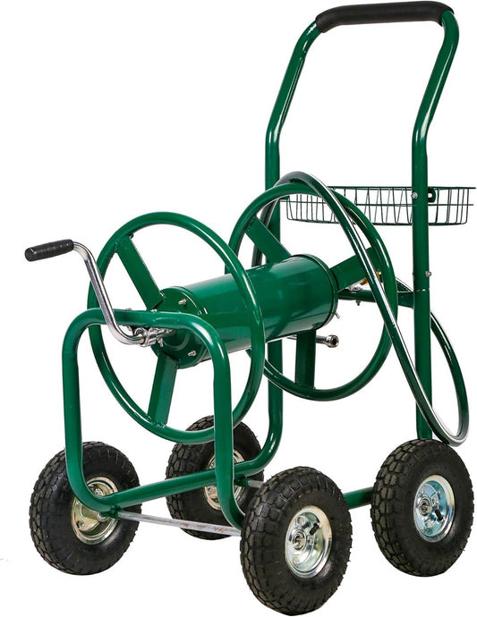 Garden Hose Reel Cart, Water Hose Cart with 4 Wheels, Hold Up to 300 ft of 5/8’’ Hose，Heavy Duty Powder-Coated Steel Planting with Storage Basket, for Garden, Yard and Lawn