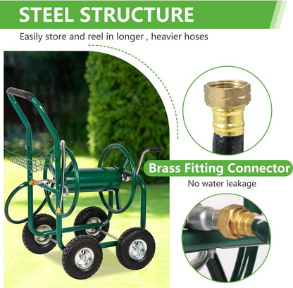 Garden Hose Reel Cart, Water Hose Cart with 4 Wheels, Hold Up to 300 ft of 5/8’’ Hose，Heavy Duty Powder-Coated Steel Planting with Storage Basket, for Garden, Yard and Lawn