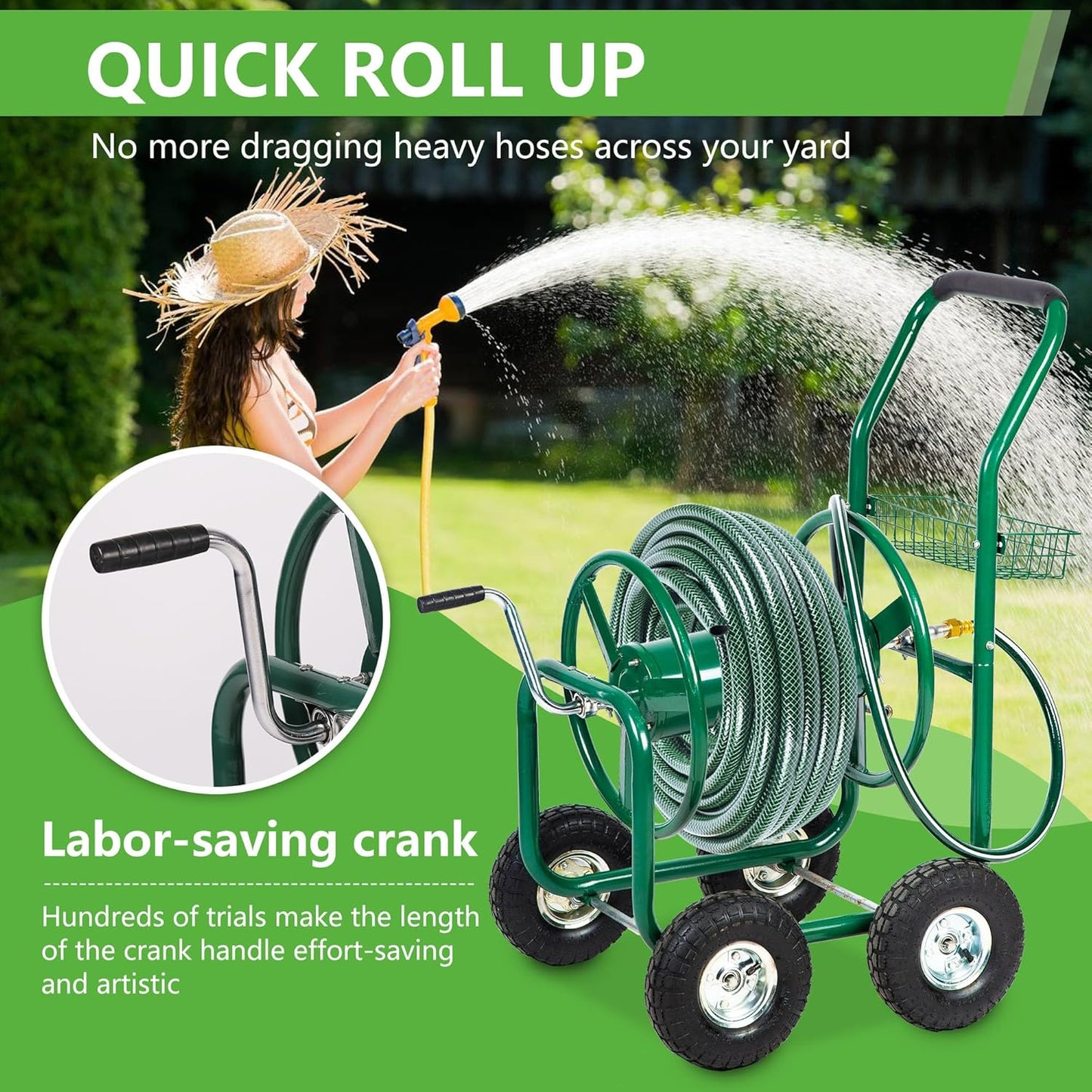 Garden Hose Reel Cart, Water Hose Cart with 4 Wheels, Hold Up to 300 ft of 5/8’’ Hose，Heavy Duty Powder-Coated Steel Planting with Storage Basket, for Garden, Yard and Lawn