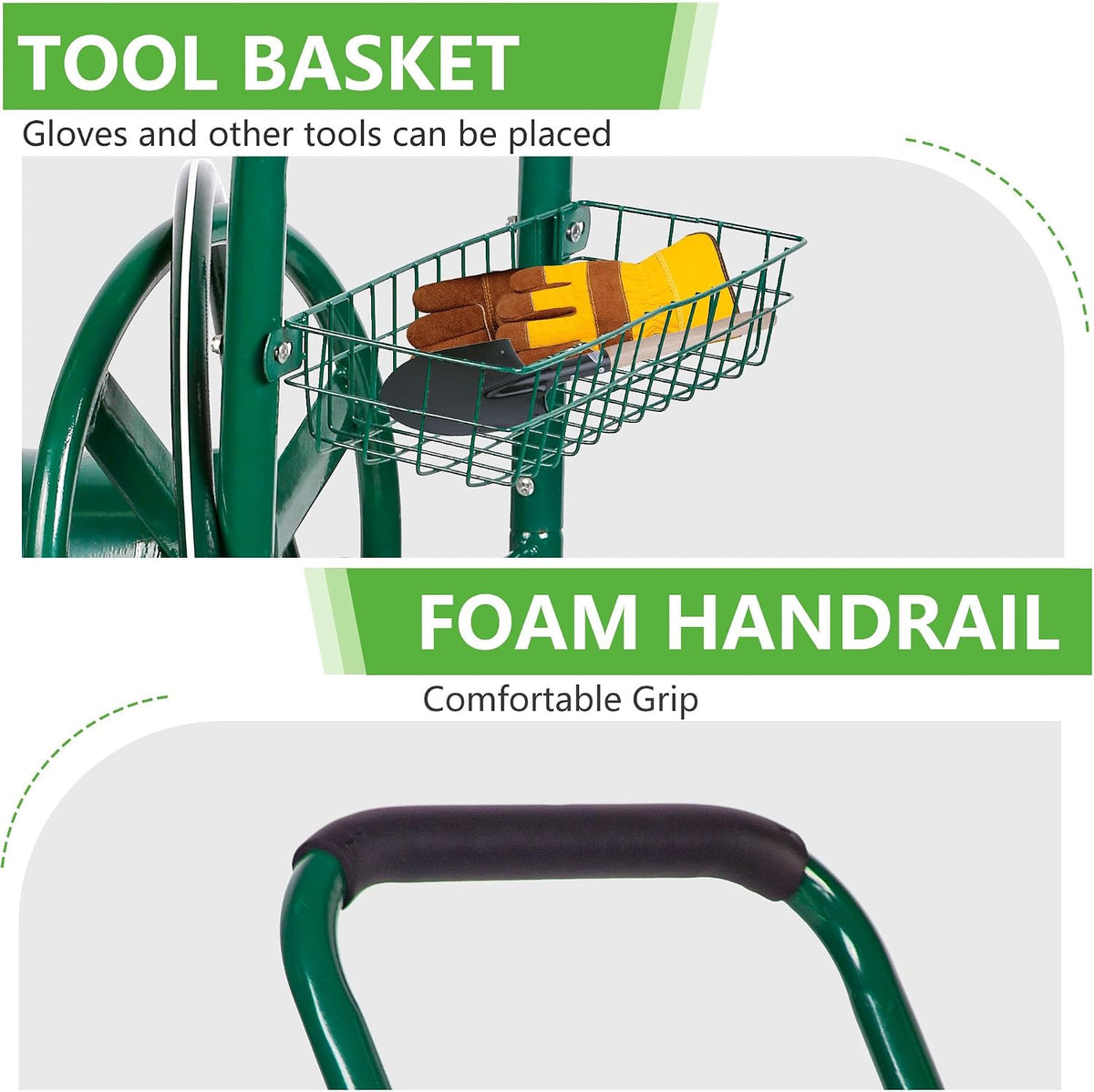 Garden Hose Reel Cart, Water Hose Cart with 4 Wheels, Hold Up to 300 ft of 5/8’’ Hose，Heavy Duty Powder-Coated Steel Planting with Storage Basket, for Garden, Yard and Lawn