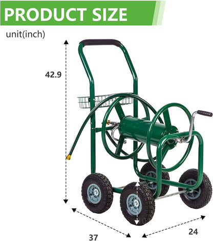 Garden Hose Reel Cart, Water Hose Cart with 4 Wheels, Hold Up to 300 ft of 5/8’’ Hose，Heavy Duty Powder-Coated Steel Planting with Storage Basket, for Garden, Yard and Lawn