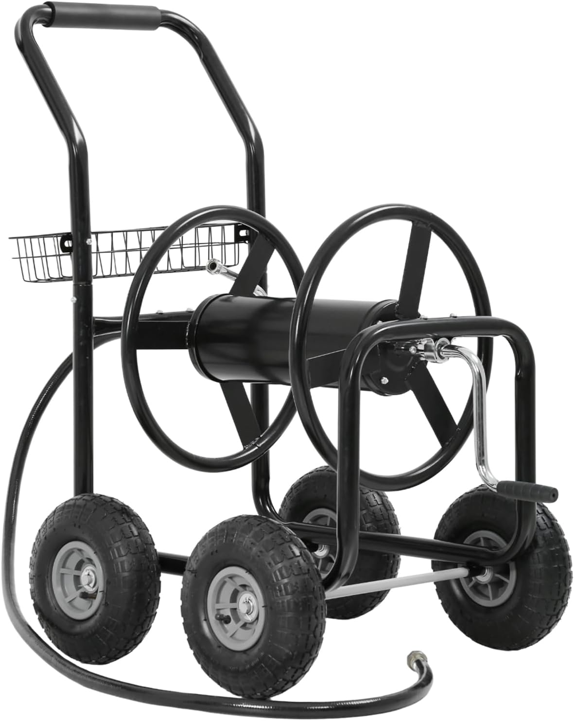 Garden Hose Reel Cart, Water Hose Cart with 4 Wheels, Hold Up to 300 ft of 5/8’’ Hose，Heavy Duty Powder-Coated Steel Planting with Storage Basket, for Garden, Yard and Lawn