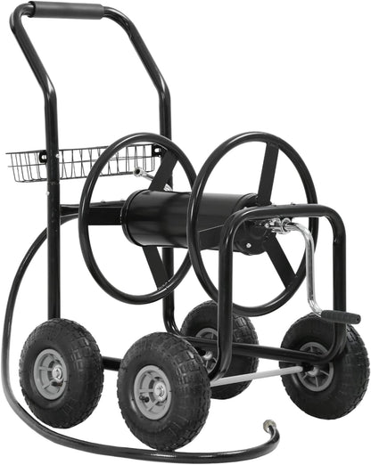 Garden Hose Reel Cart, Water Hose Cart with 4 Wheels, Hold Up to 300 ft of 5/8’’ Hose，Heavy Duty Powder-Coated Steel Planting with Storage Basket, for Garden, Yard and Lawn