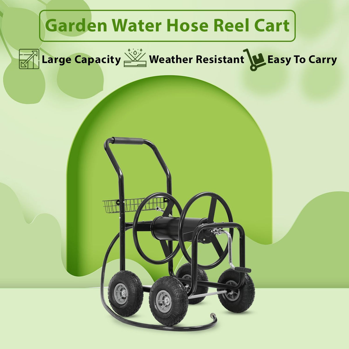Garden Hose Reel Cart, Water Hose Cart with 4 Wheels, Hold Up to 300 ft of 5/8’’ Hose，Heavy Duty Powder-Coated Steel Planting with Storage Basket, for Garden, Yard and Lawn