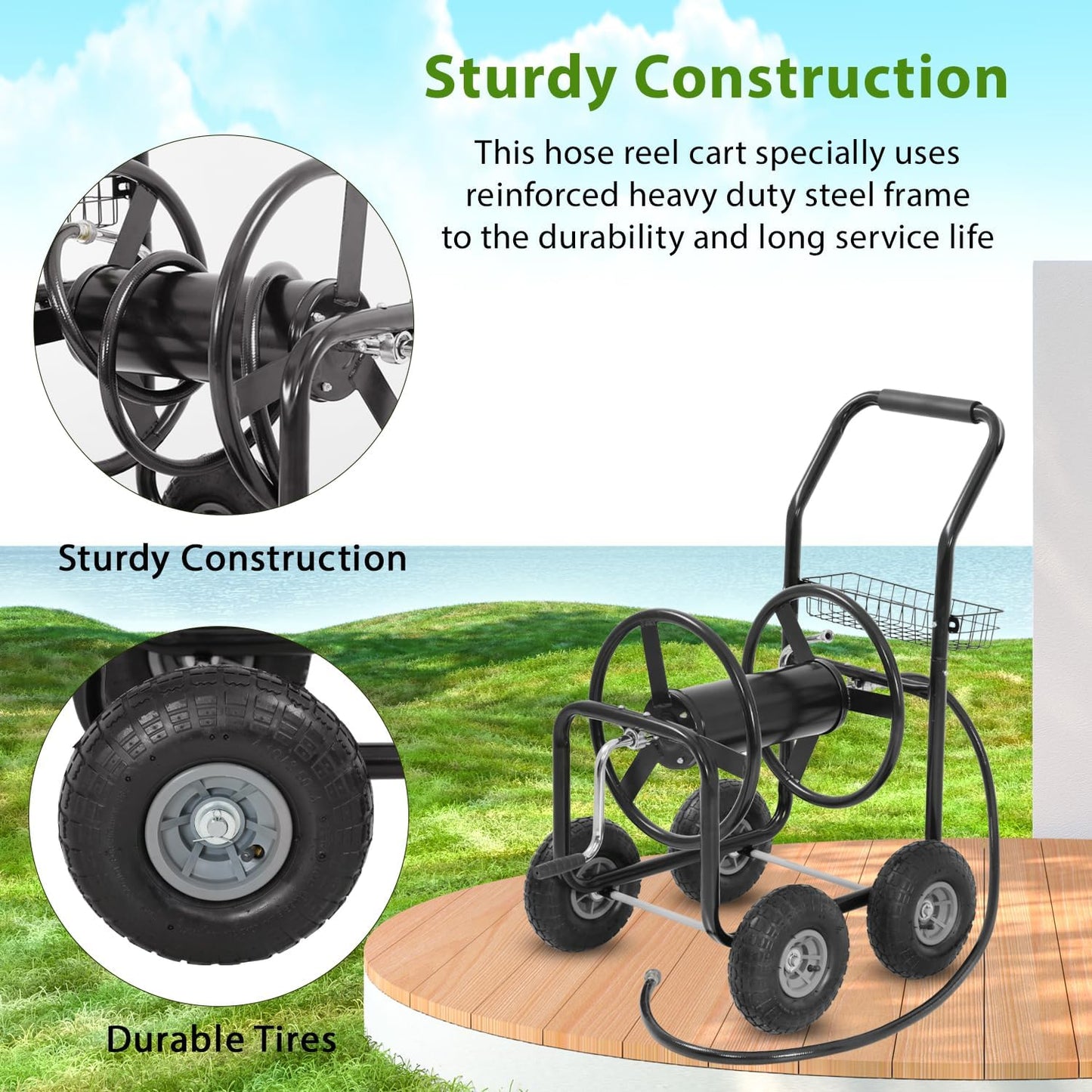 Garden Hose Reel Cart, Water Hose Cart with 4 Wheels, Hold Up to 300 ft of 5/8’’ Hose，Heavy Duty Powder-Coated Steel Planting with Storage Basket, for Garden, Yard and Lawn