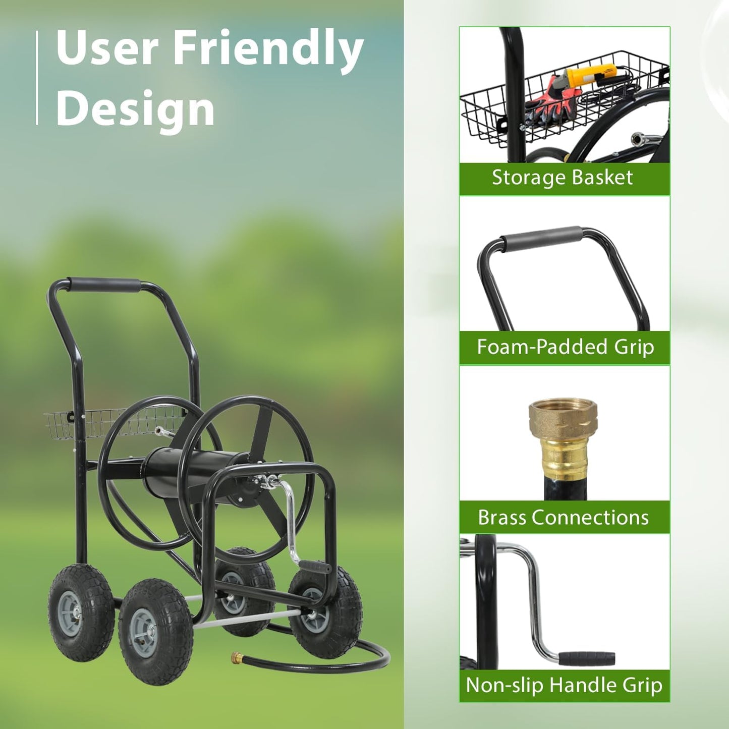 Garden Hose Reel Cart, Water Hose Cart with 4 Wheels, Hold Up to 300 ft of 5/8’’ Hose，Heavy Duty Powder-Coated Steel Planting with Storage Basket, for Garden, Yard and Lawn