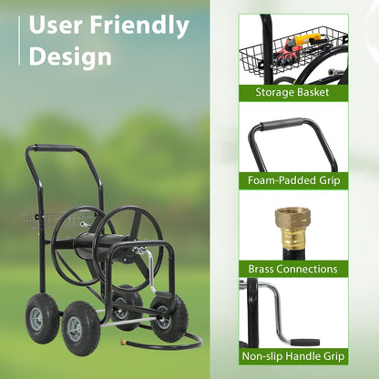 Garden Hose Reel Cart, Water Hose Cart with 4 Wheels, Hold Up to 300 ft of 5/8’’ Hose，Heavy Duty Powder-Coated Steel Planting with Storage Basket, for Garden, Yard and Lawn