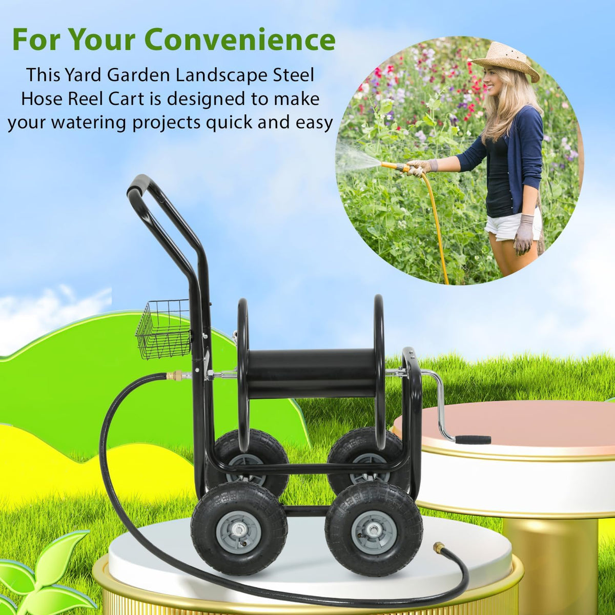 Garden Hose Reel Cart, Water Hose Cart with 4 Wheels, Hold Up to 300 ft of 5/8’’ Hose，Heavy Duty Powder-Coated Steel Planting with Storage Basket, for Garden, Yard and Lawn