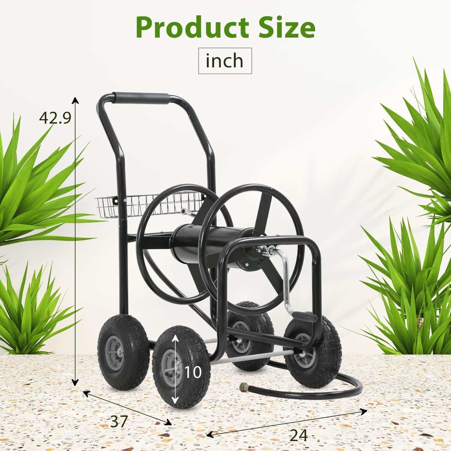 Garden Hose Reel Cart, Water Hose Cart with 4 Wheels, Hold Up to 300 ft of 5/8’’ Hose，Heavy Duty Powder-Coated Steel Planting with Storage Basket, for Garden, Yard and Lawn