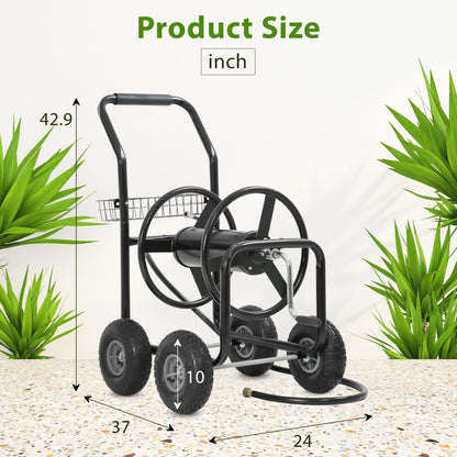 Garden Hose Reel Cart, Water Hose Cart with 4 Wheels, Hold Up to 300 ft of 5/8’’ Hose，Heavy Duty Powder-Coated Steel Planting with Storage Basket, for Garden, Yard and Lawn