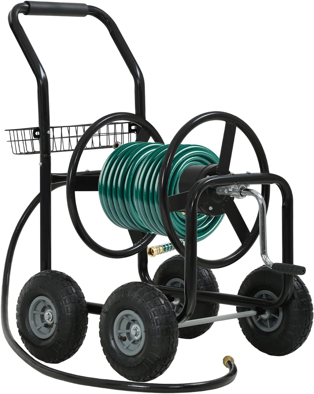 Garden Hose Reel Cart, Water Hose Cart with 4 Wheels, Hold Up to 300 ft of 5/8’’ Hose，Heavy Duty Powder-Coated Steel Planting with Storage Basket, for Garden, Yard and Lawn
