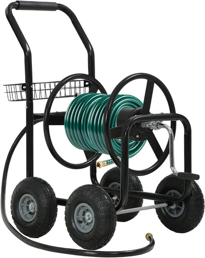 Garden Hose Reel Cart, Water Hose Cart with 4 Wheels, Hold Up to 300 ft of 5/8’’ Hose，Heavy Duty Powder-Coated Steel Planting with Storage Basket, for Garden, Yard and Lawn