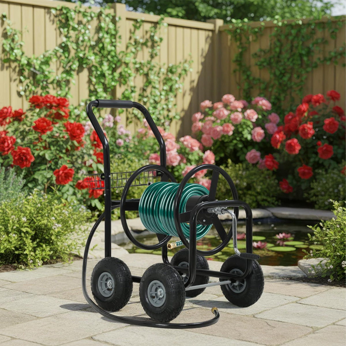 Garden Hose Reel Cart, Water Hose Cart with 4 Wheels, Hold Up to 300 ft of 5/8’’ Hose，Heavy Duty Powder-Coated Steel Planting with Storage Basket, for Garden, Yard and Lawn