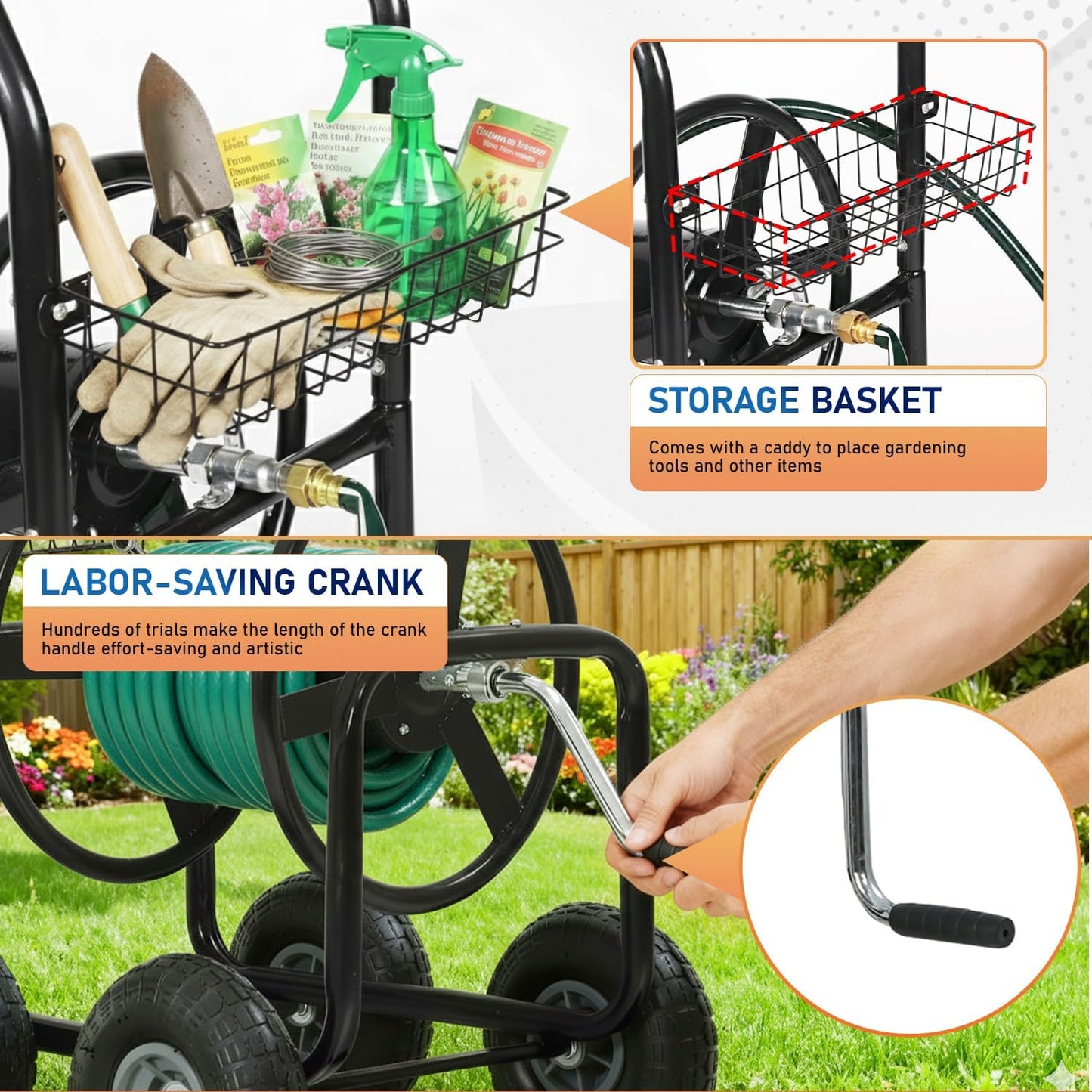 Garden Hose Reel Cart, Water Hose Cart with 4 Wheels, Hold Up to 300 ft of 5/8’’ Hose，Heavy Duty Powder-Coated Steel Planting with Storage Basket, for Garden, Yard and Lawn