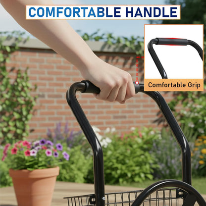 Garden Hose Reel Cart, Water Hose Cart with 4 Wheels, Hold Up to 300 ft of 5/8’’ Hose，Heavy Duty Powder-Coated Steel Planting with Storage Basket, for Garden, Yard and Lawn