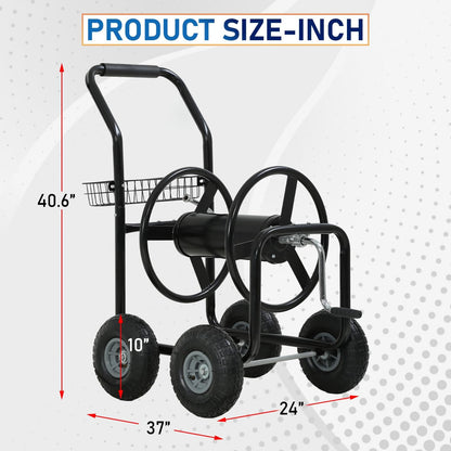 Garden Hose Reel Cart, Water Hose Cart with 4 Wheels, Hold Up to 300 ft of 5/8’’ Hose，Heavy Duty Powder-Coated Steel Planting with Storage Basket, for Garden, Yard and Lawn