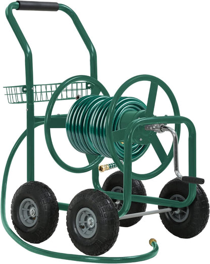 Garden Hose Reel Cart, Water Hose Cart with 4 Wheels, Hold Up to 300 ft of 5/8’’ Hose，Heavy Duty Powder-Coated Steel Planting with Storage Basket, for Garden, Yard and Lawn
