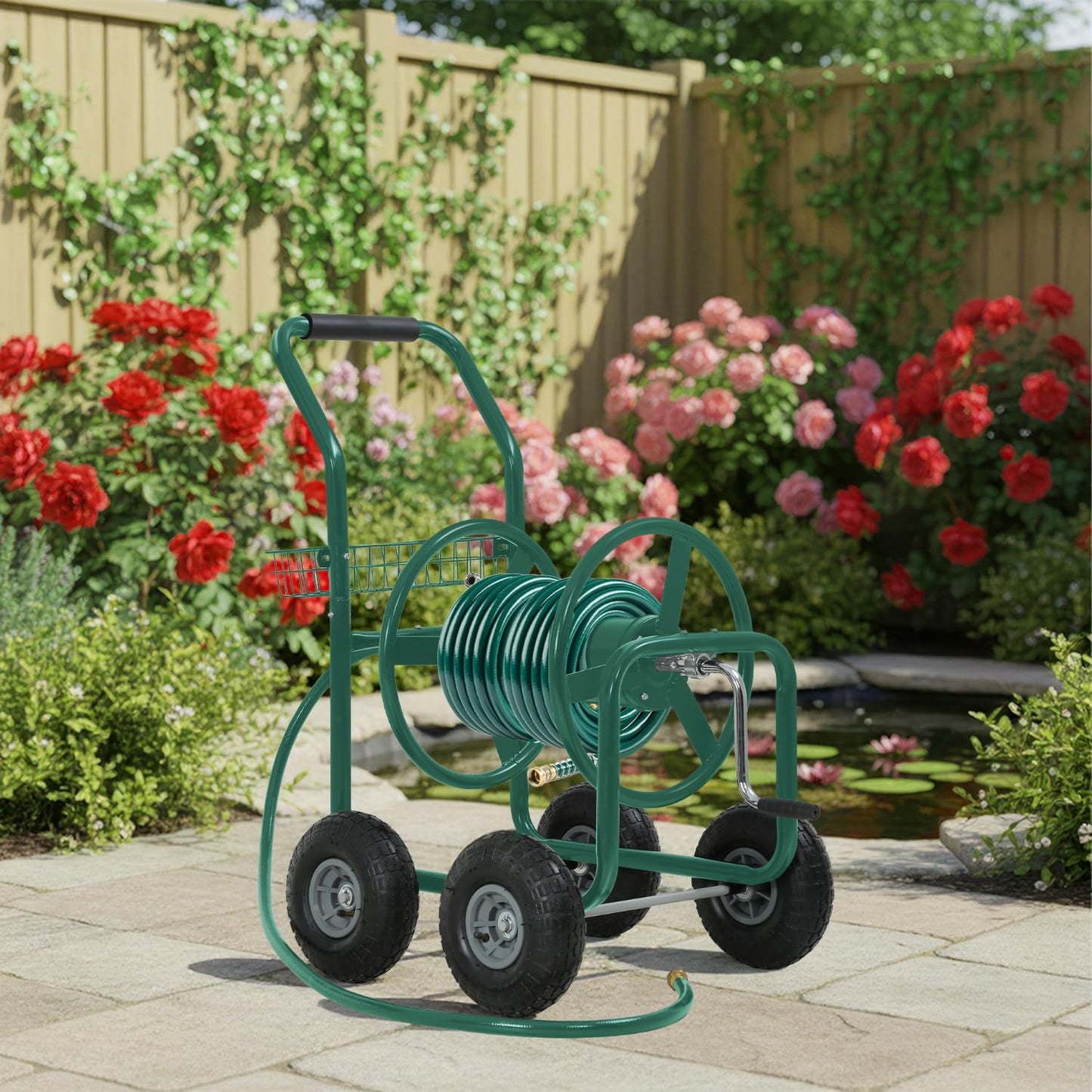 Garden Hose Reel Cart, Water Hose Cart with 4 Wheels, Hold Up to 300 ft of 5/8’’ Hose，Heavy Duty Powder-Coated Steel Planting with Storage Basket, for Garden, Yard and Lawn