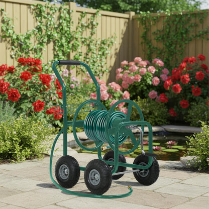 Garden Hose Reel Cart, Water Hose Cart with 4 Wheels, Hold Up to 300 ft of 5/8’’ Hose，Heavy Duty Powder-Coated Steel Planting with Storage Basket, for Garden, Yard and Lawn