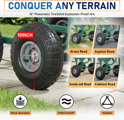 Garden Hose Reel Cart, Water Hose Cart with 4 Wheels, Hold Up to 300 ft of 5/8’’ Hose，Heavy Duty Powder-Coated Steel Planting with Storage Basket, for Garden, Yard and Lawn