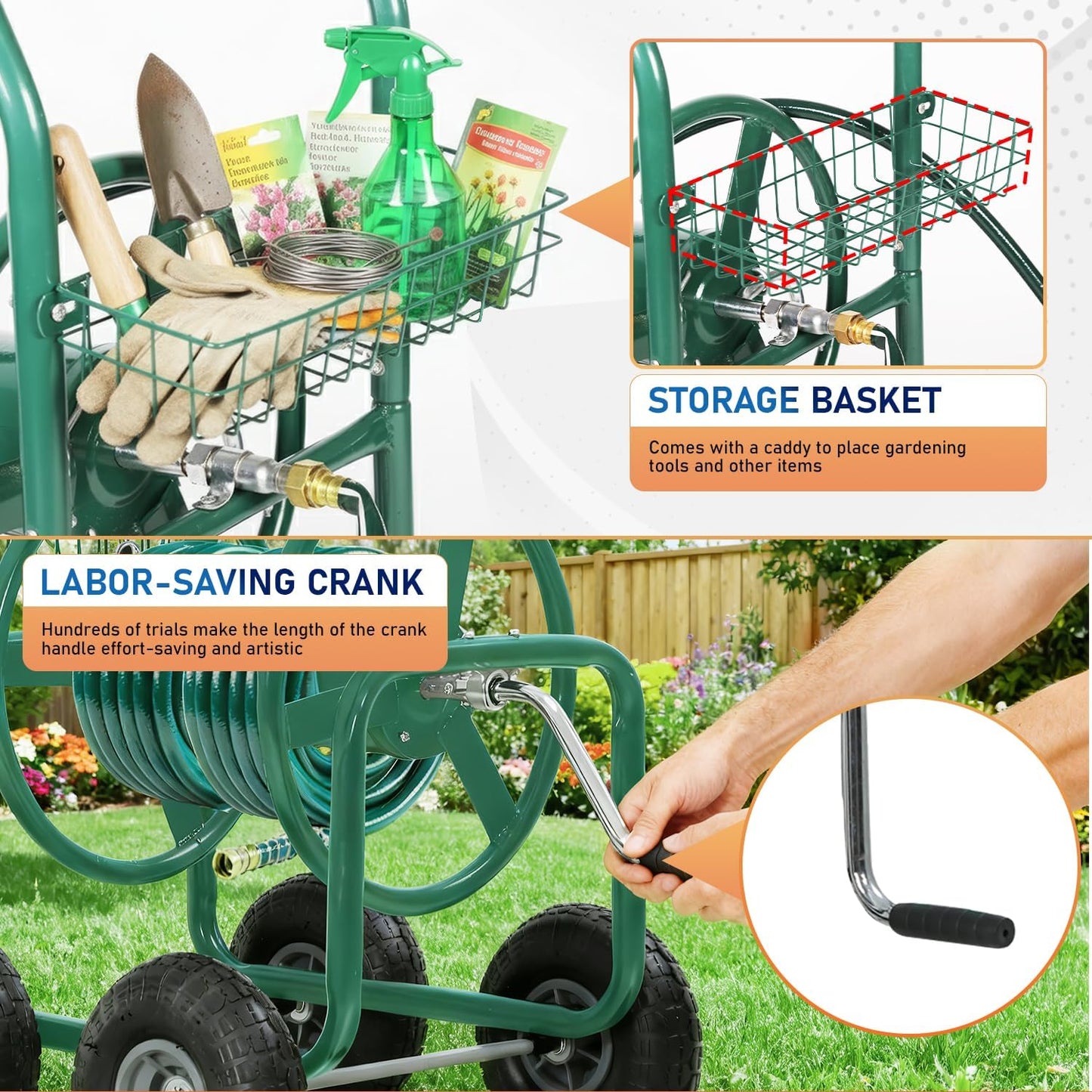 Garden Hose Reel Cart, Water Hose Cart with 4 Wheels, Hold Up to 300 ft of 5/8’’ Hose，Heavy Duty Powder-Coated Steel Planting with Storage Basket, for Garden, Yard and Lawn