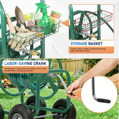 Garden Hose Reel Cart, Water Hose Cart with 4 Wheels, Hold Up to 300 ft of 5/8’’ Hose，Heavy Duty Powder-Coated Steel Planting with Storage Basket, for Garden, Yard and Lawn
