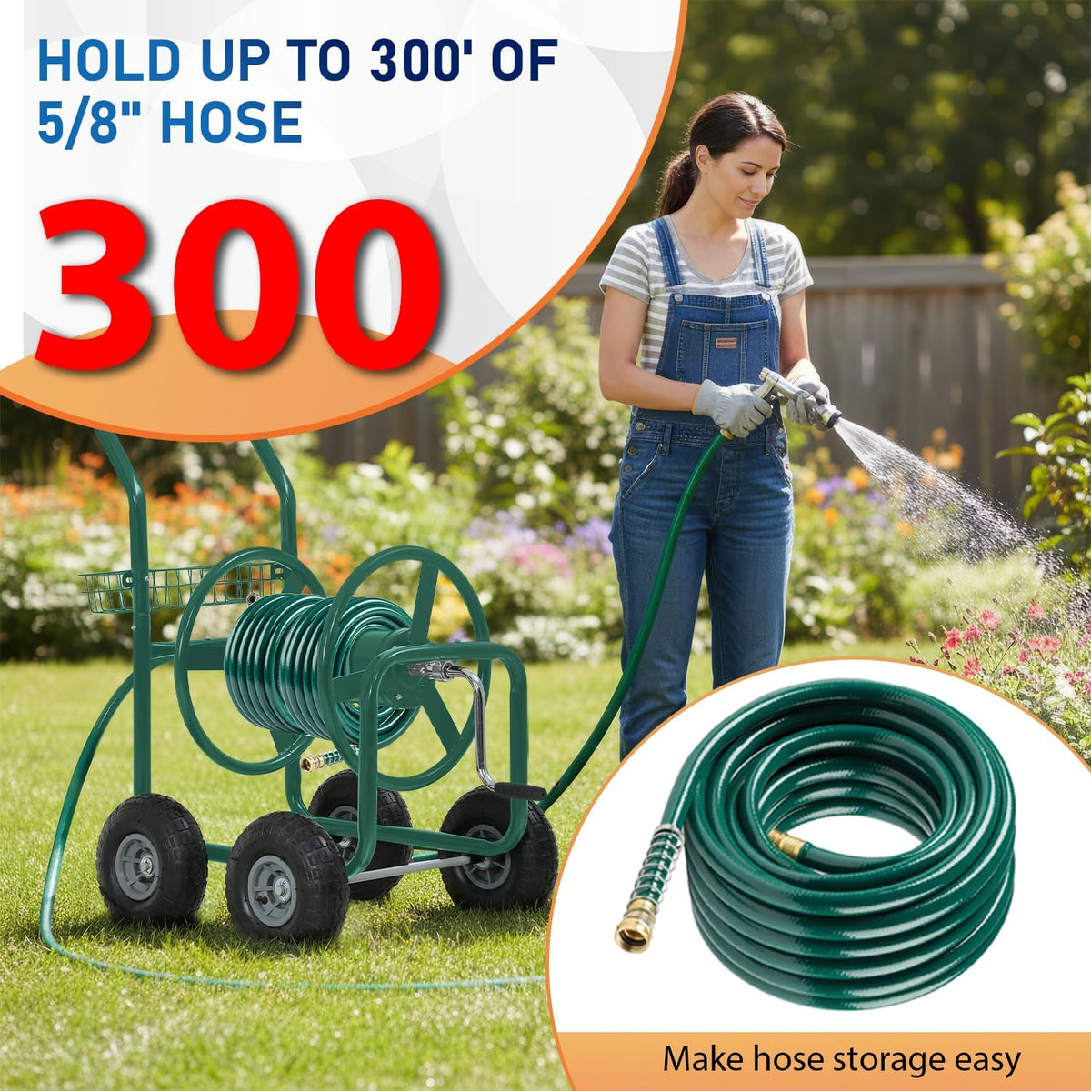 Garden Hose Reel Cart, Water Hose Cart with 4 Wheels, Hold Up to 300 ft of 5/8’’ Hose，Heavy Duty Powder-Coated Steel Planting with Storage Basket, for Garden, Yard and Lawn