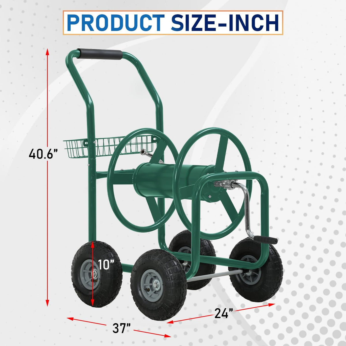 Garden Hose Reel Cart, Water Hose Cart with 4 Wheels, Hold Up to 300 ft of 5/8’’ Hose，Heavy Duty Powder-Coated Steel Planting with Storage Basket, for Garden, Yard and Lawn
