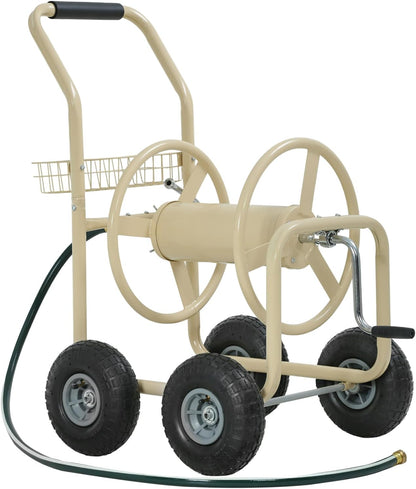 Garden Hose Reel Cart, Water Hose Cart with 4 Wheels, Hold Up to 300 ft of 5/8’’ Hose，Heavy Duty Powder-Coated Steel Planting with Storage Basket, for Garden, Yard and Lawn