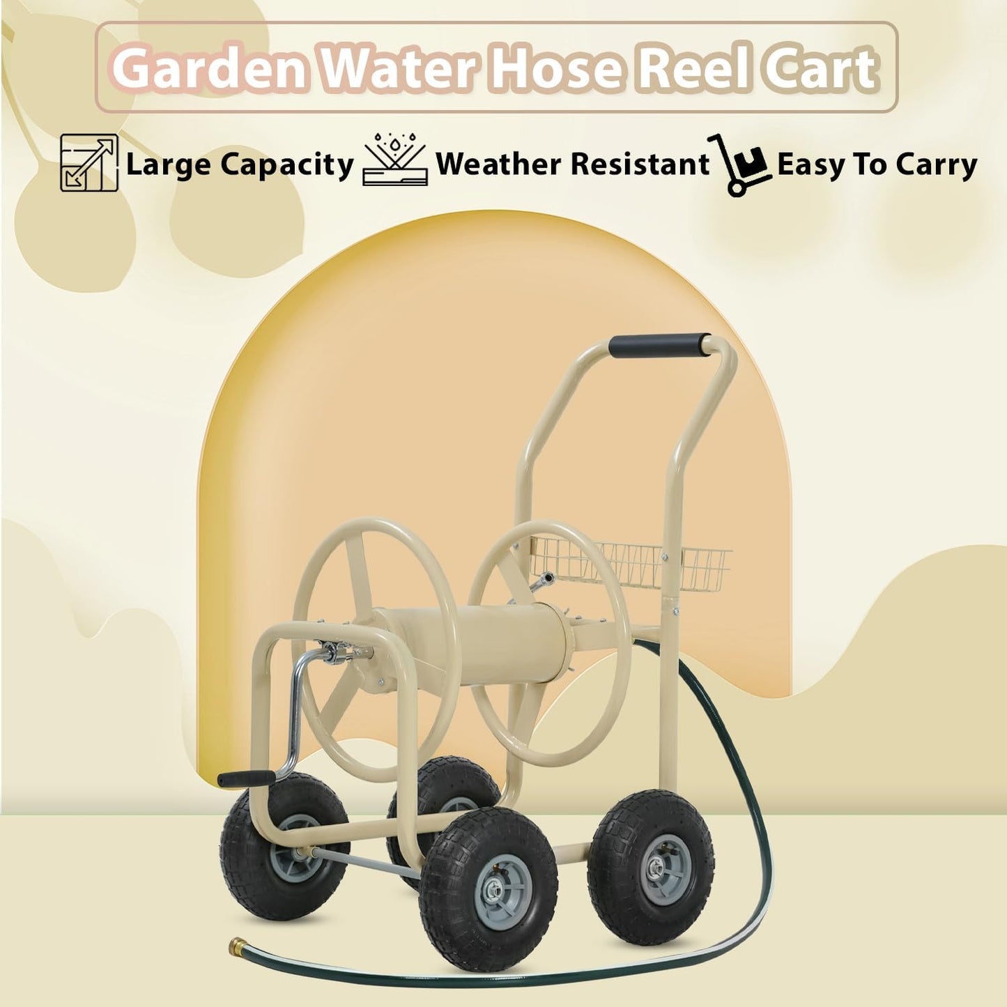 Garden Hose Reel Cart, Water Hose Cart with 4 Wheels, Hold Up to 300 ft of 5/8’’ Hose，Heavy Duty Powder-Coated Steel Planting with Storage Basket, for Garden, Yard and Lawn