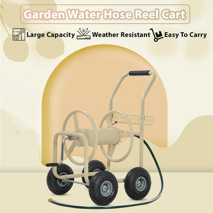 Garden Hose Reel Cart, Water Hose Cart with 4 Wheels, Hold Up to 300 ft of 5/8’’ Hose，Heavy Duty Powder-Coated Steel Planting with Storage Basket, for Garden, Yard and Lawn