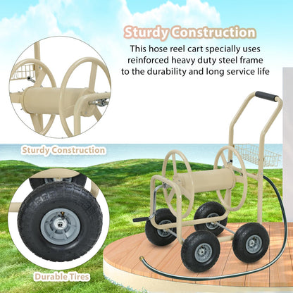 Garden Hose Reel Cart, Water Hose Cart with 4 Wheels, Hold Up to 300 ft of 5/8’’ Hose，Heavy Duty Powder-Coated Steel Planting with Storage Basket, for Garden, Yard and Lawn