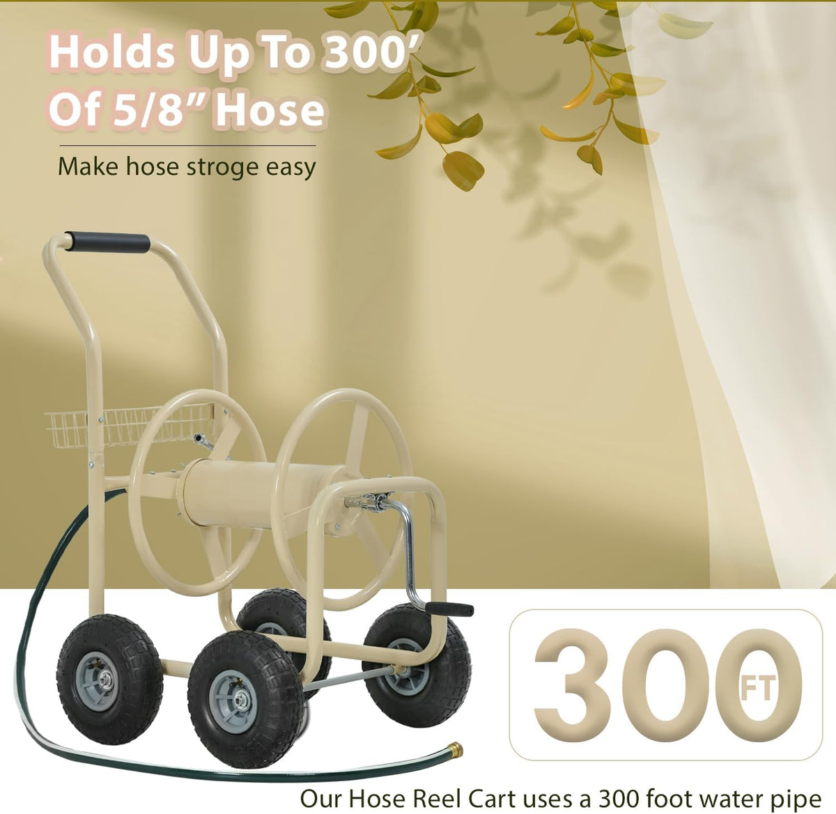 Garden Hose Reel Cart, Water Hose Cart with 4 Wheels, Hold Up to 300 ft of 5/8’’ Hose，Heavy Duty Powder-Coated Steel Planting with Storage Basket, for Garden, Yard and Lawn