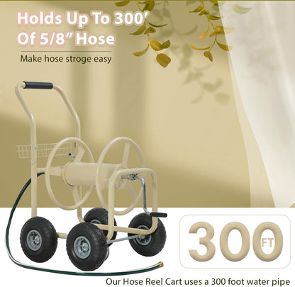Garden Hose Reel Cart, Water Hose Cart with 4 Wheels, Hold Up to 300 ft of 5/8’’ Hose，Heavy Duty Powder-Coated Steel Planting with Storage Basket, for Garden, Yard and Lawn