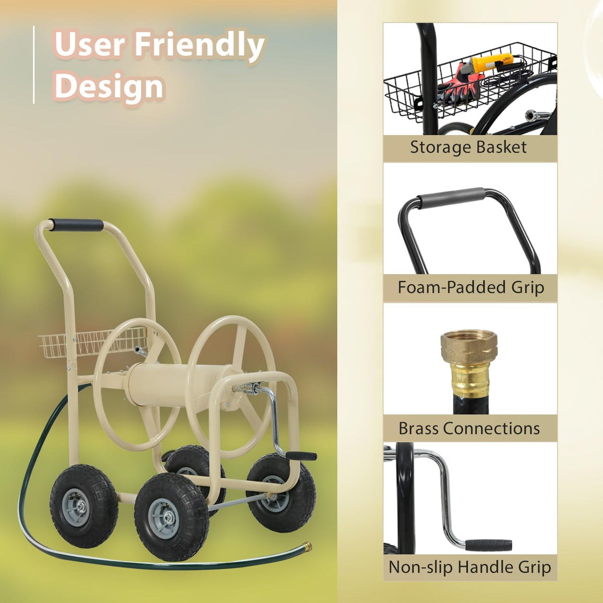 Garden Hose Reel Cart, Water Hose Cart with 4 Wheels, Hold Up to 300 ft of 5/8’’ Hose，Heavy Duty Powder-Coated Steel Planting with Storage Basket, for Garden, Yard and Lawn