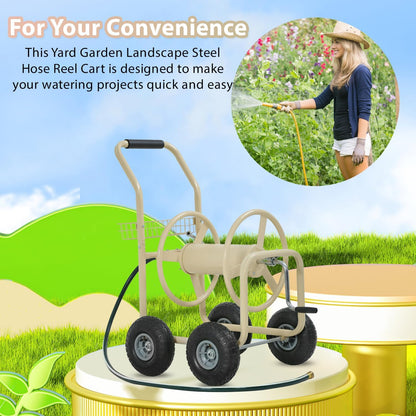 Garden Hose Reel Cart, Water Hose Cart with 4 Wheels, Hold Up to 300 ft of 5/8’’ Hose，Heavy Duty Powder-Coated Steel Planting with Storage Basket, for Garden, Yard and Lawn