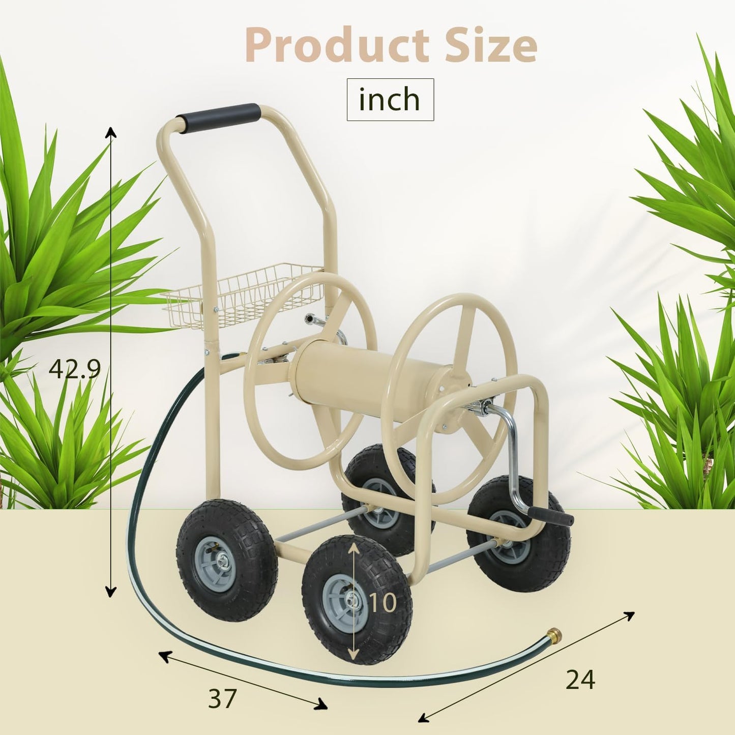 Garden Hose Reel Cart, Water Hose Cart with 4 Wheels, Hold Up to 300 ft of 5/8’’ Hose，Heavy Duty Powder-Coated Steel Planting with Storage Basket, for Garden, Yard and Lawn