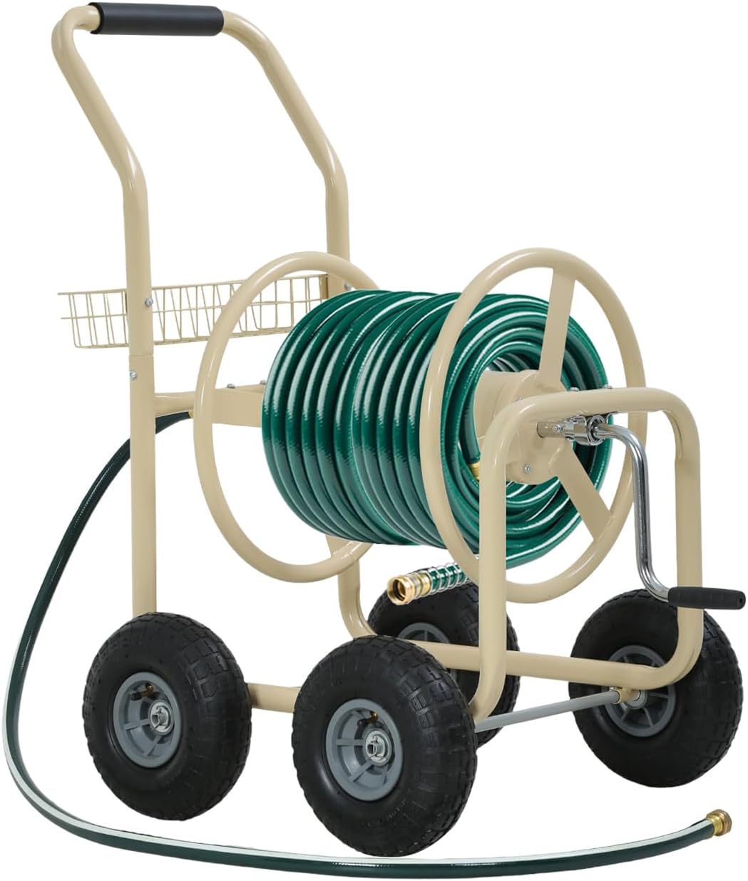 Garden Hose Reel Cart, Water Hose Cart with 4 Wheels, Hold Up to 300 ft of 5/8’’ Hose，Heavy Duty Powder-Coated Steel Planting with Storage Basket, for Garden, Yard and Lawn