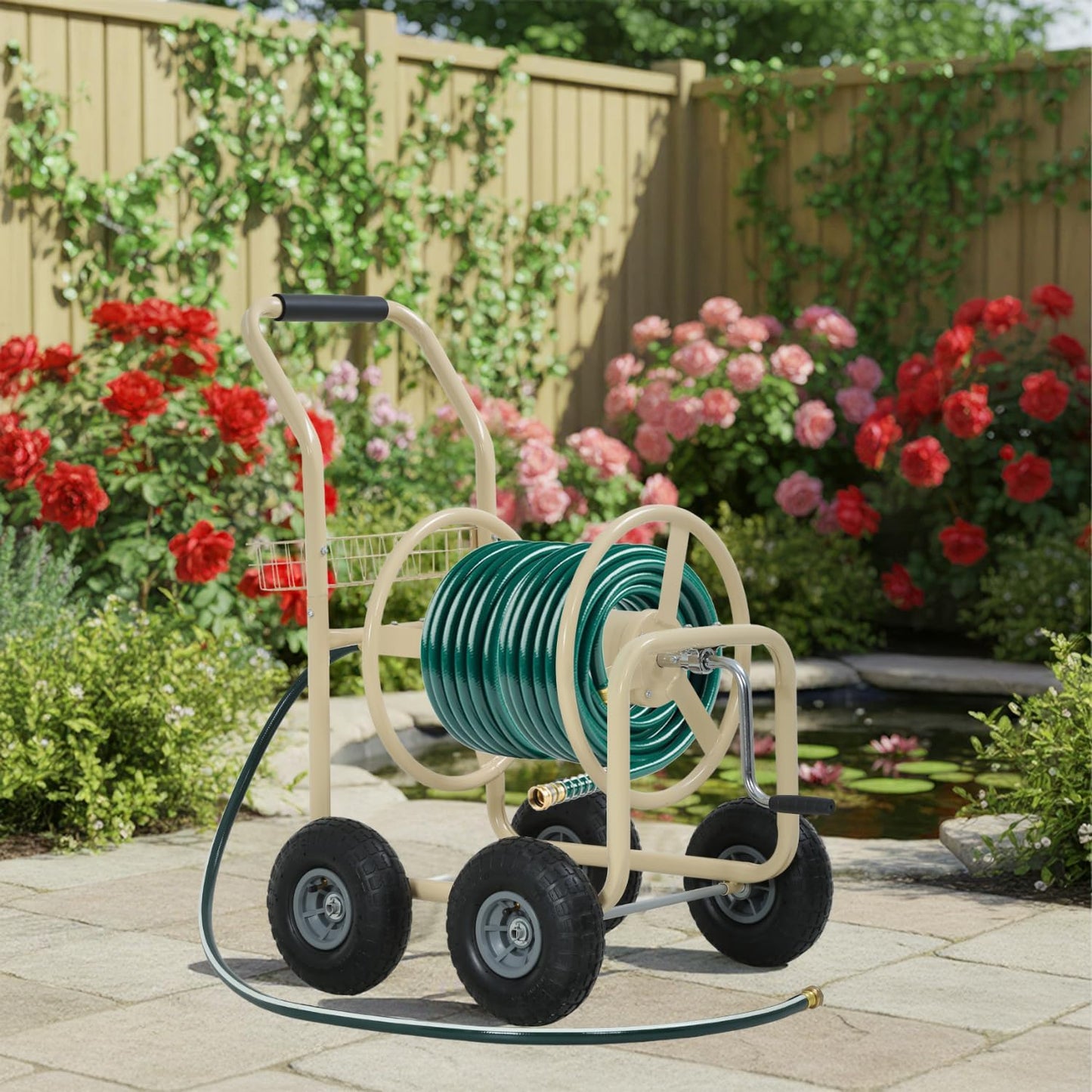Garden Hose Reel Cart, Water Hose Cart with 4 Wheels, Hold Up to 300 ft of 5/8’’ Hose，Heavy Duty Powder-Coated Steel Planting with Storage Basket, for Garden, Yard and Lawn