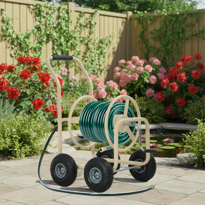 Garden Hose Reel Cart, Water Hose Cart with 4 Wheels, Hold Up to 300 ft of 5/8’’ Hose，Heavy Duty Powder-Coated Steel Planting with Storage Basket, for Garden, Yard and Lawn